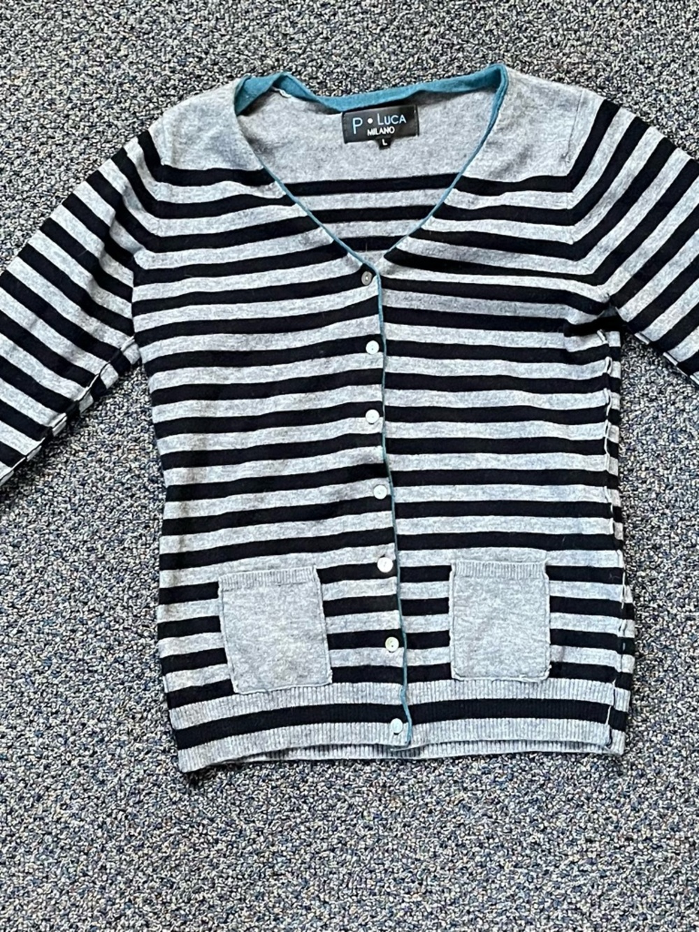 P LUCA Milano Striped Button Front Cardigan - Gray & Black